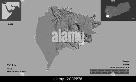 Form von Ta`izz, Gouvernement des Jemen, und seine Hauptstadt. Entfernungsskala, Vorschauen und Beschriftungen. Höhenkarte mit zwei Ebenen. 3D-Rendering Stockfoto